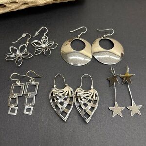 5 Pairs Silver Tone Dangle Earrings Unmarked Geometric Vintage